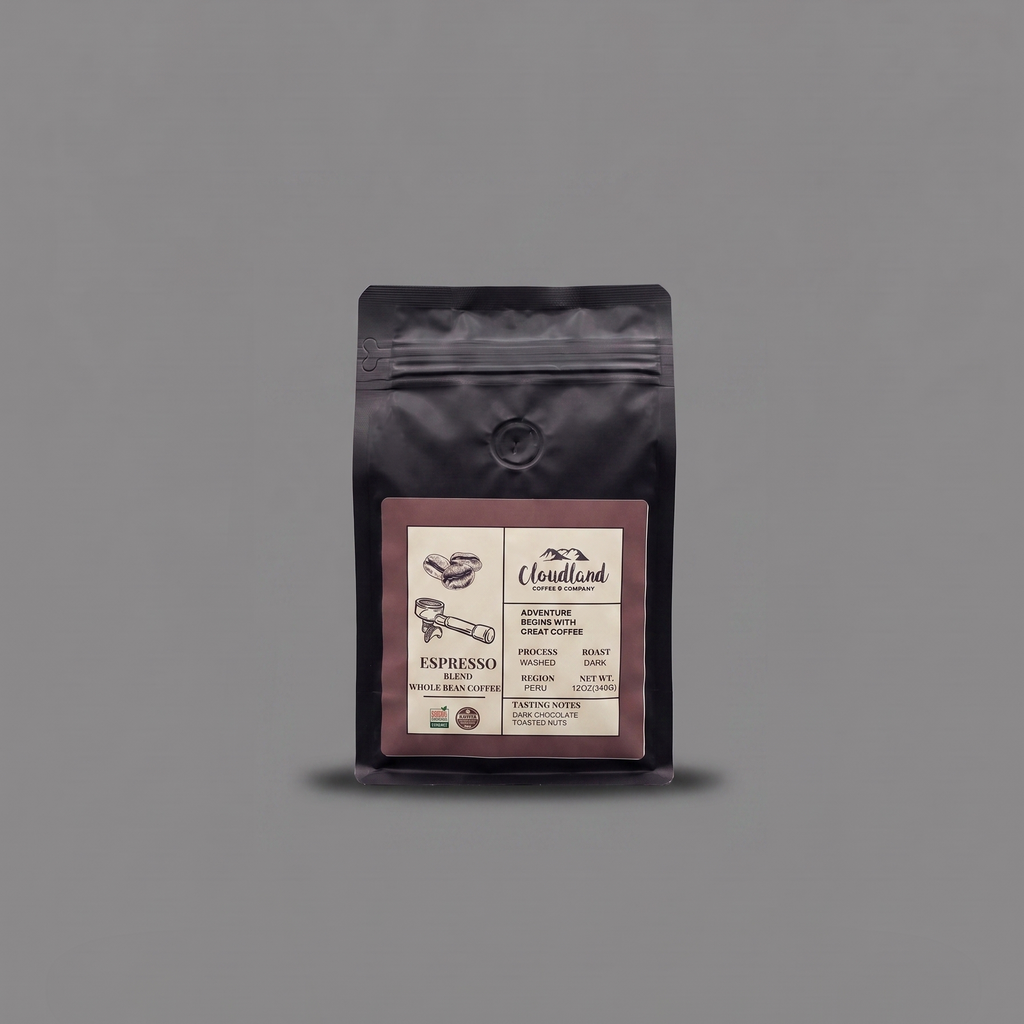 Package of espresso beans with a label on a gray background