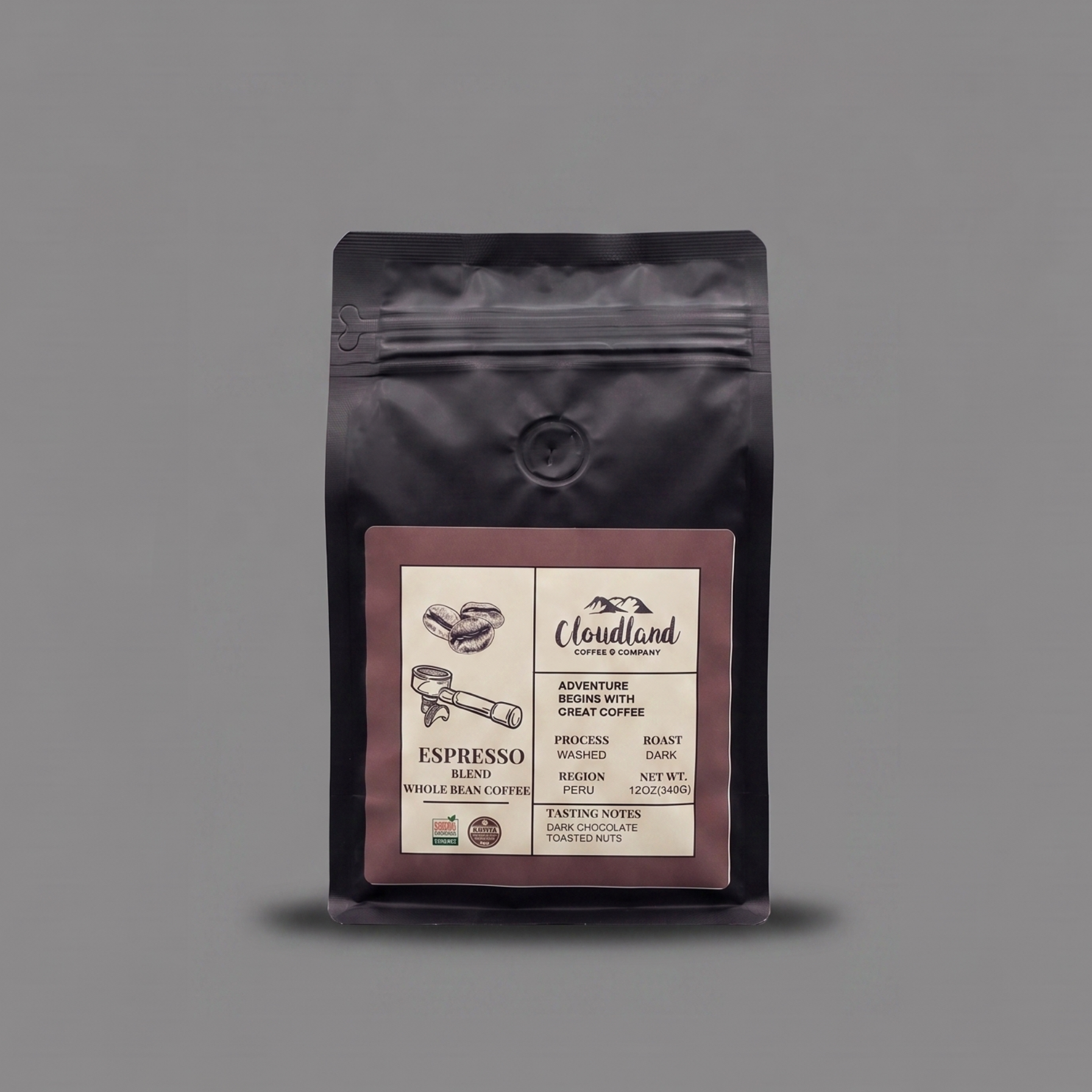 Package of espresso beans with a label on a gray background