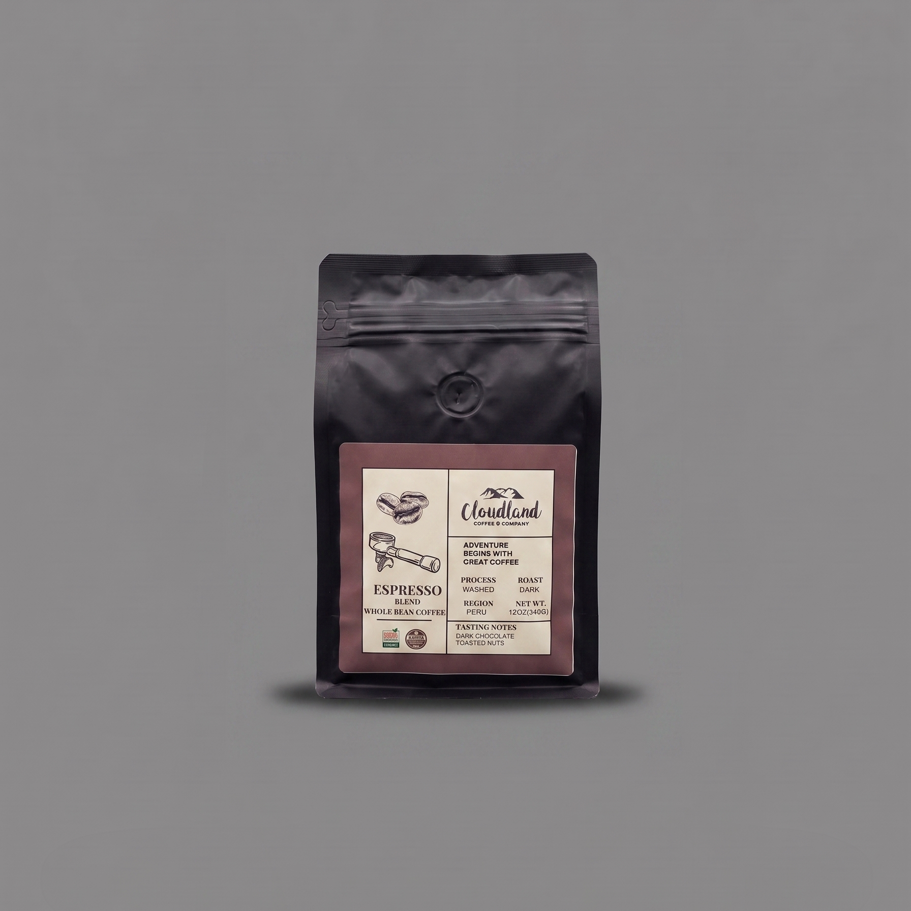 Package of espresso beans with a label on a gray background
