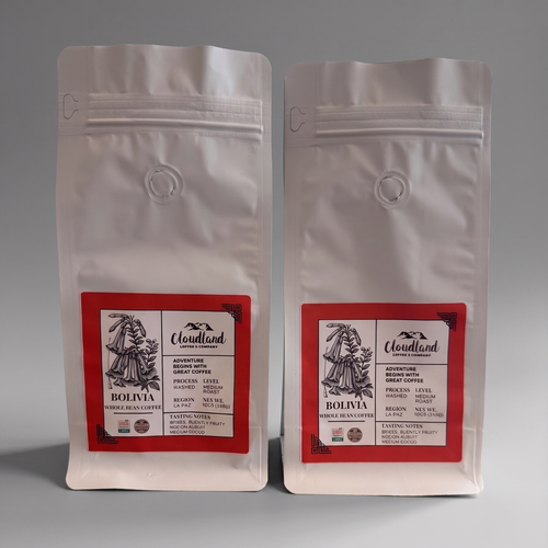 Two medium roasted coffee bags of Bolivia coffee with red labels on a gray background