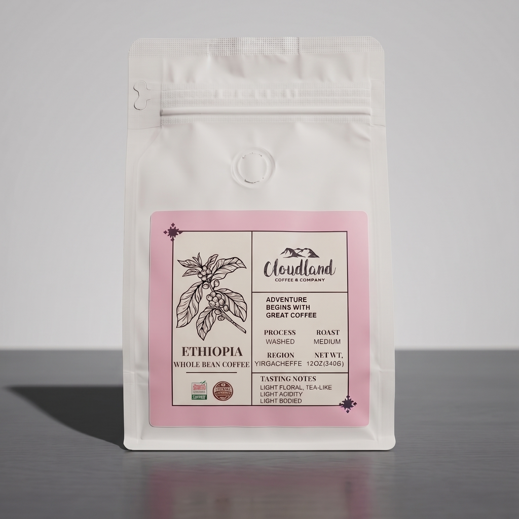 White coffee bag  of Ethiopian coffee with a pink label on a gray background