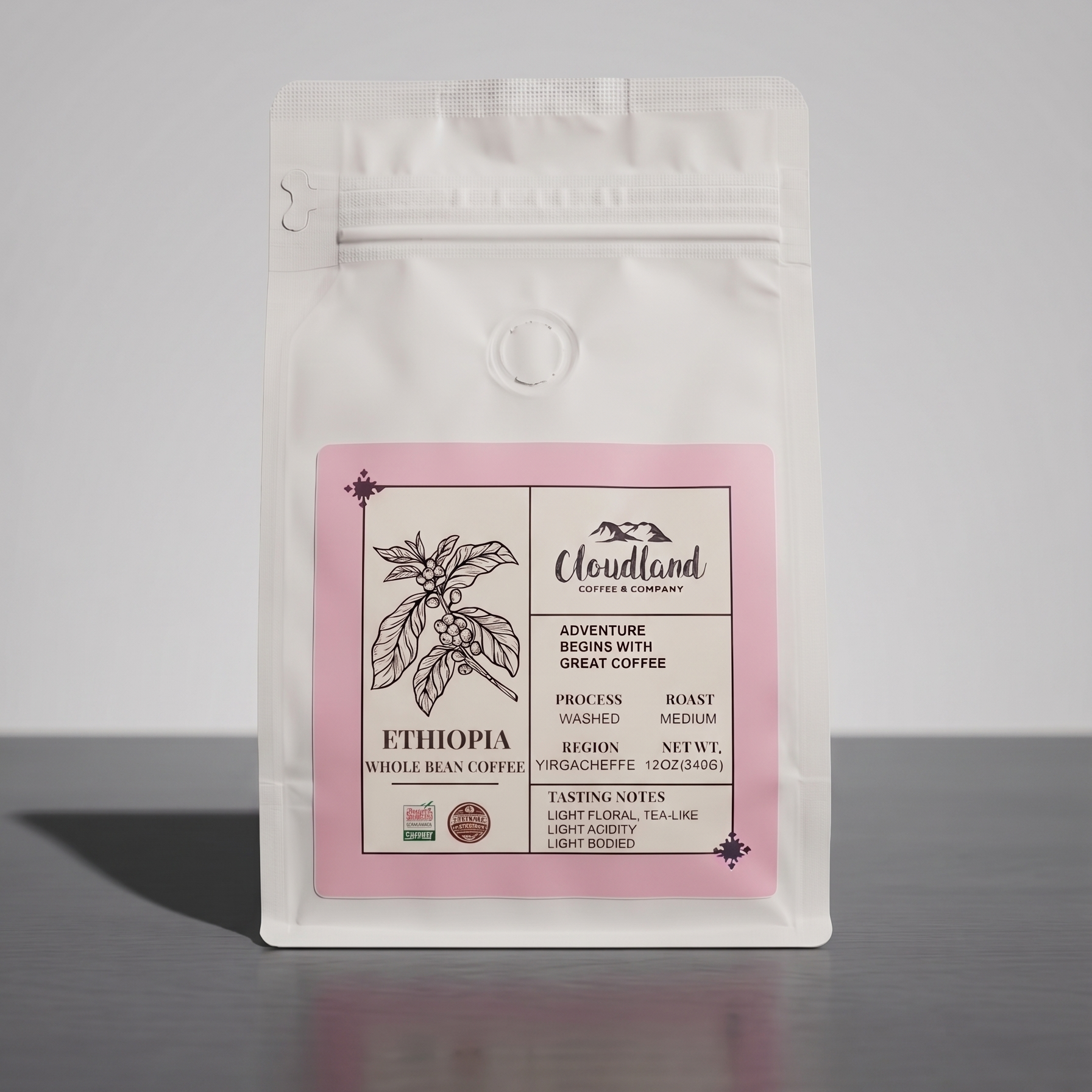 White coffee bag  of Ethiopian coffee with a pink label on a gray background